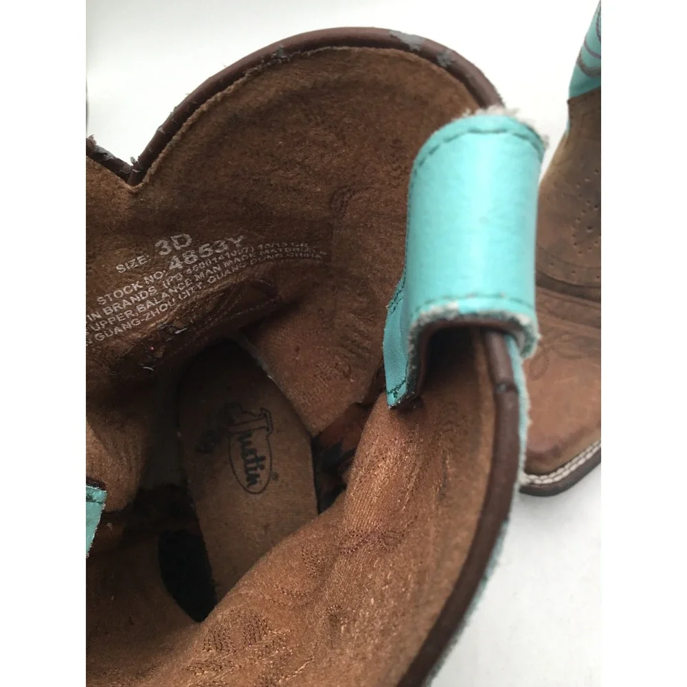 Justin Kids Brown Leather Turquoise Shaft Western Cowboy Boots 4853Y Size 3D